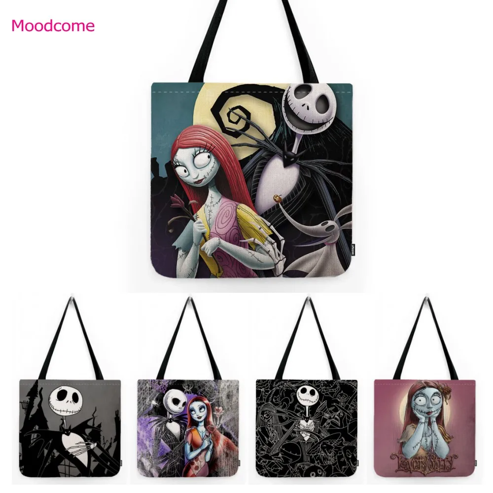 Halloween Creepy Skull Jack Sally Nightmare Christmas Cartoon Handbag Foldable Linen Shoulder Tote Bag Grocery Shopper Bag