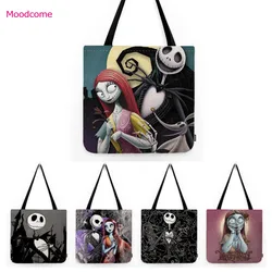 Halloween raccecciante teschio Jack Sally Nightmare natale cartone animato borsa a tracolla pieghevole in lino borsa a tracolla borsa Shopper