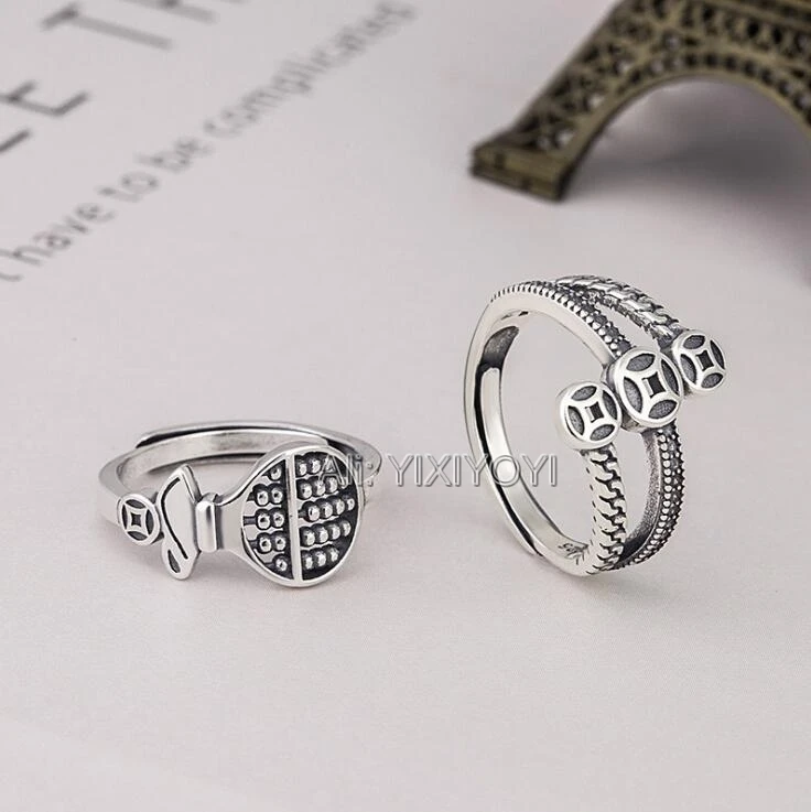 YIXIYOYI 925 Sterling Silver Vintage Chinese Coin Abacus Hollow Lucky Rings Open Retro Cute Charm Gift Rings Thai Silver Jewelry