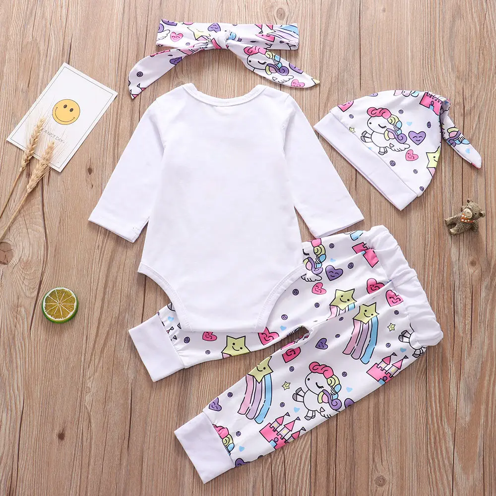 4 Pieces Newborn Infant Baby Girl Clothes Sets Unicorn Pegasus Star Castle Tops+Pants+Hat+Headband 4PCS Baby Girl Clothing