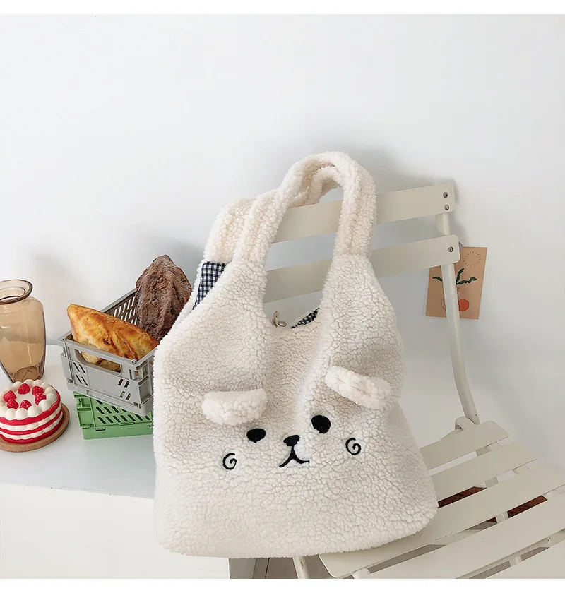 New Winter Soft Plush Tote Bag Women Cartoon Embroidery Imitation Lamb Hair Shoulder Bag For Women 2021 Shopper Bag Bolsa