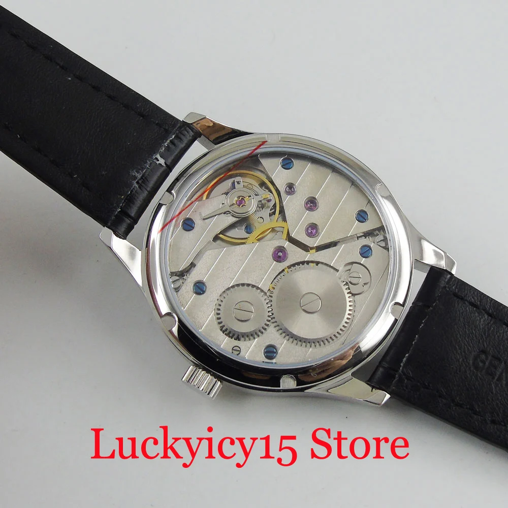 PARNIS Dress Mechanical 44MM 6497 Movement Hand Winding Men Wristwatch Black/White Dial Polished Bezel Leather Strap