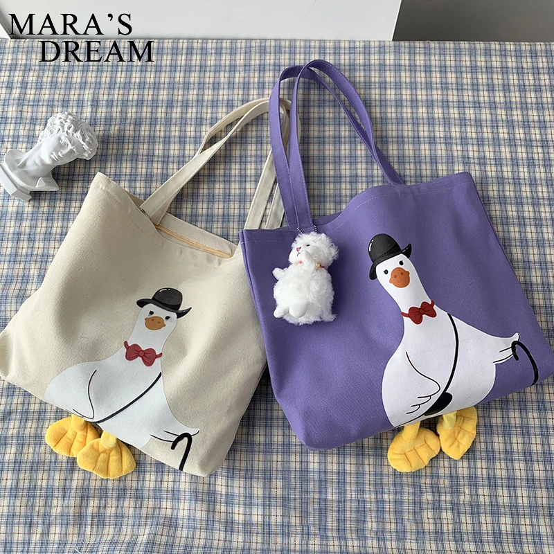 Mara\'s Dream Women Shoulder Shopper Bag Cute Duck Cartoon Print Casual Kawaii Canvas Tote Shopping Bag Cotton Cloth Eco Handbags