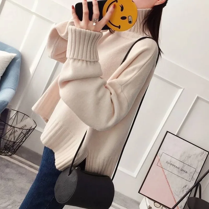 Turtleneck Sweater Women Side Slit Casual Womens Pullovers Ribbed XXL Loose Winter Simple Elegant All-match Fashion Sweaters