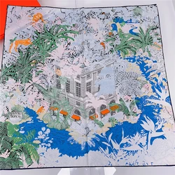 90cm Foulard Print Brand Hijab Scarf Women Bandana Handmade Curled Twill Silk Square Scarf Luxury Foulard Silk Twill Scarf