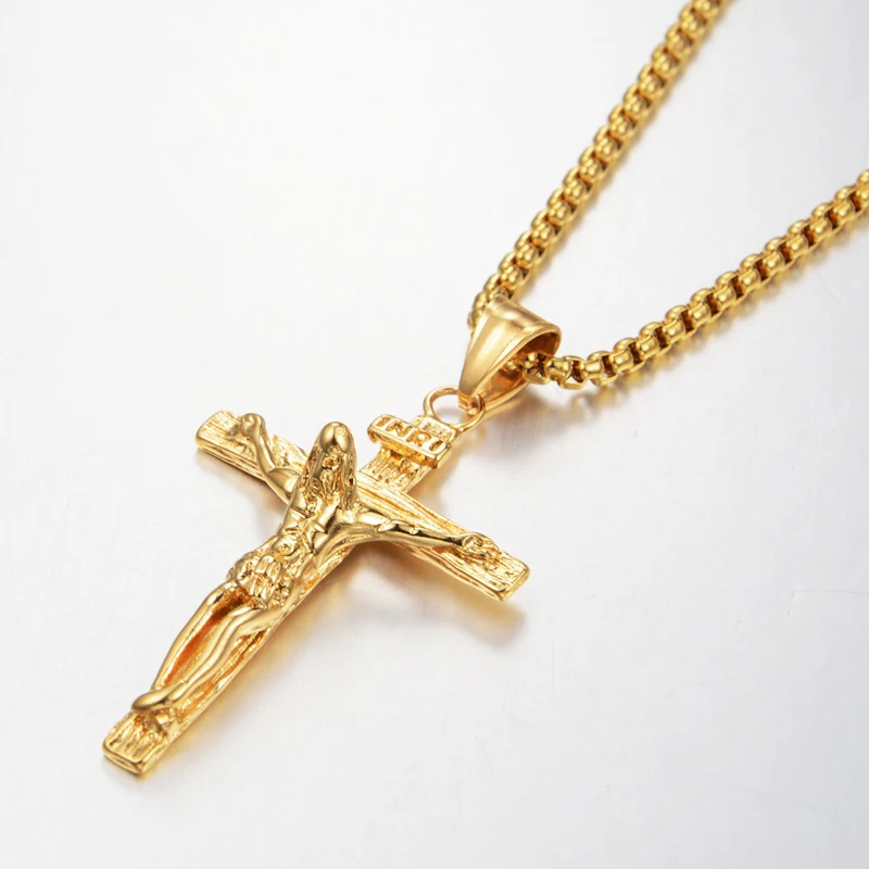 Religijny INRI Krucyfiks Jezus Krzyż Wisiorek Naszyjnik Złoty Kolor Łańcuch na szyję ze stali nierdzewnej dla mężczyzn Chrześcijańska biżuteria katolicka