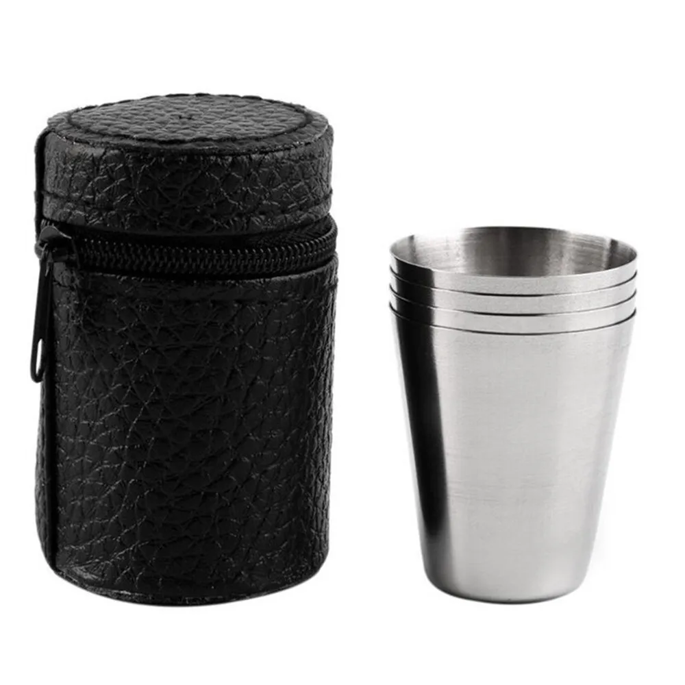 4Pcs/set Polished 30ML Mini Stainless Steel Shot Glass Cup Wine Drinking Glasses With Leather Cover Bag For Home Kitchen Bar