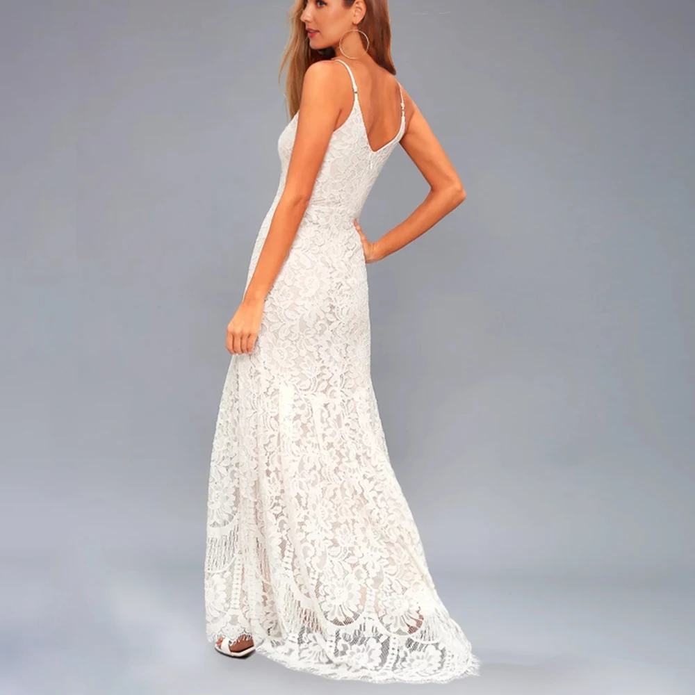 Robe longue de soirée en dentelle, style sirène, élégante, blanche, Sexy, Maxi, col en V, élégante, YSM-5234