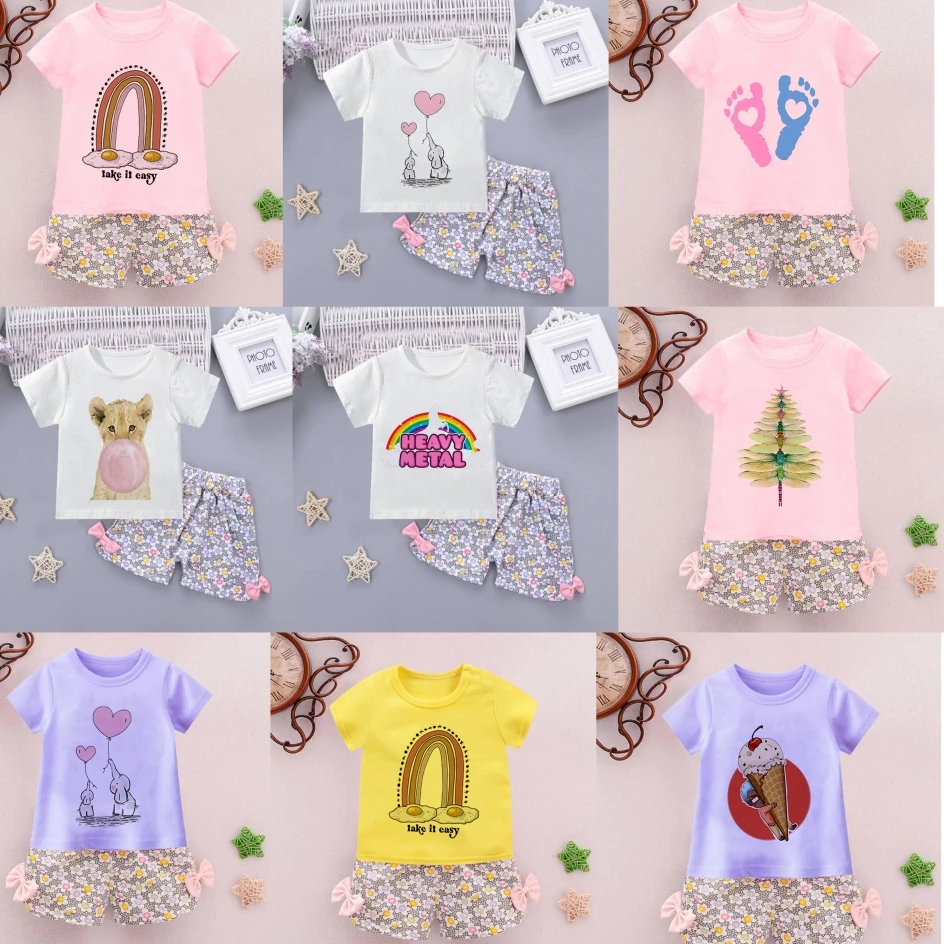 2 Piece Set Baby Girl Clothes Girls Summer Clothes Set Short Sleeved T Shirts Shorts Cute Print Tops Kids Tracksuit Soft Outfit