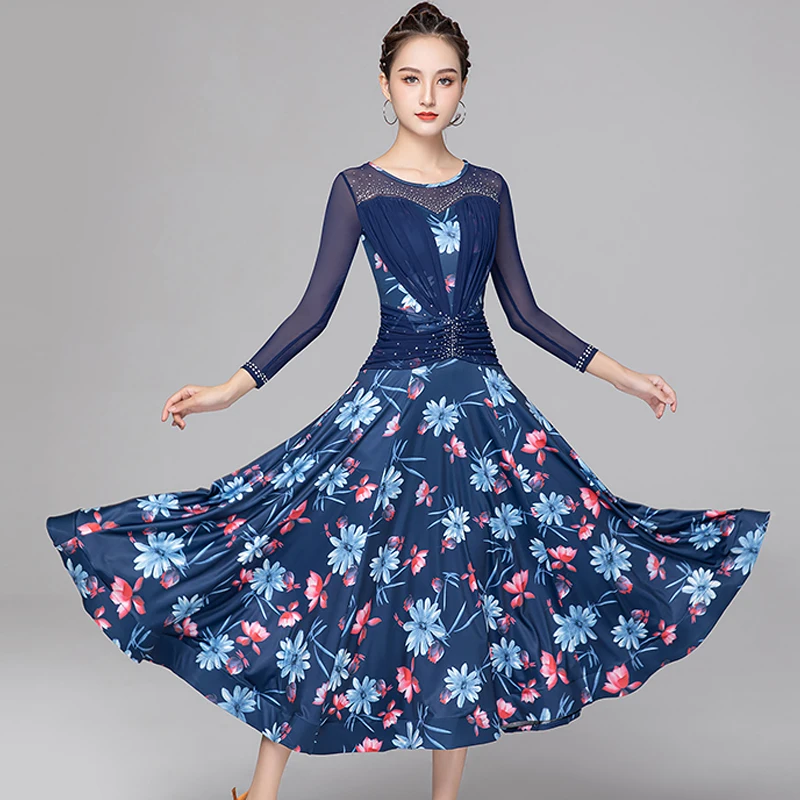 Floral vestido de competição de salão de baile feminino malha palco traje leopardo flamenco vestido dança moderna roupa tango dancewear dl8558