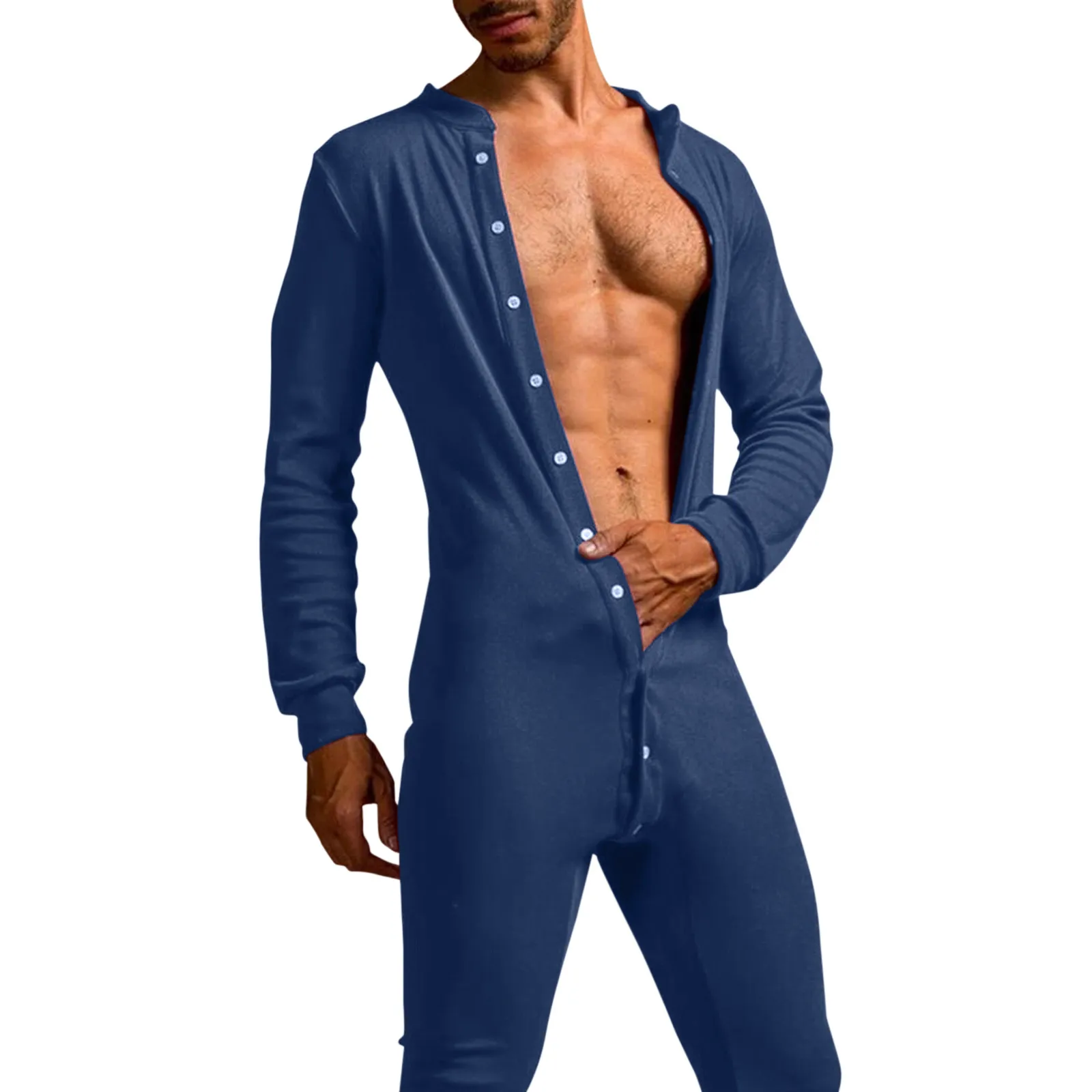 Men Pajamas Jumpsuit Male Homewear Solid Color Long Sleeve Comfortable Button Leisure Sleepwear Men Rompers Nightwear 2022