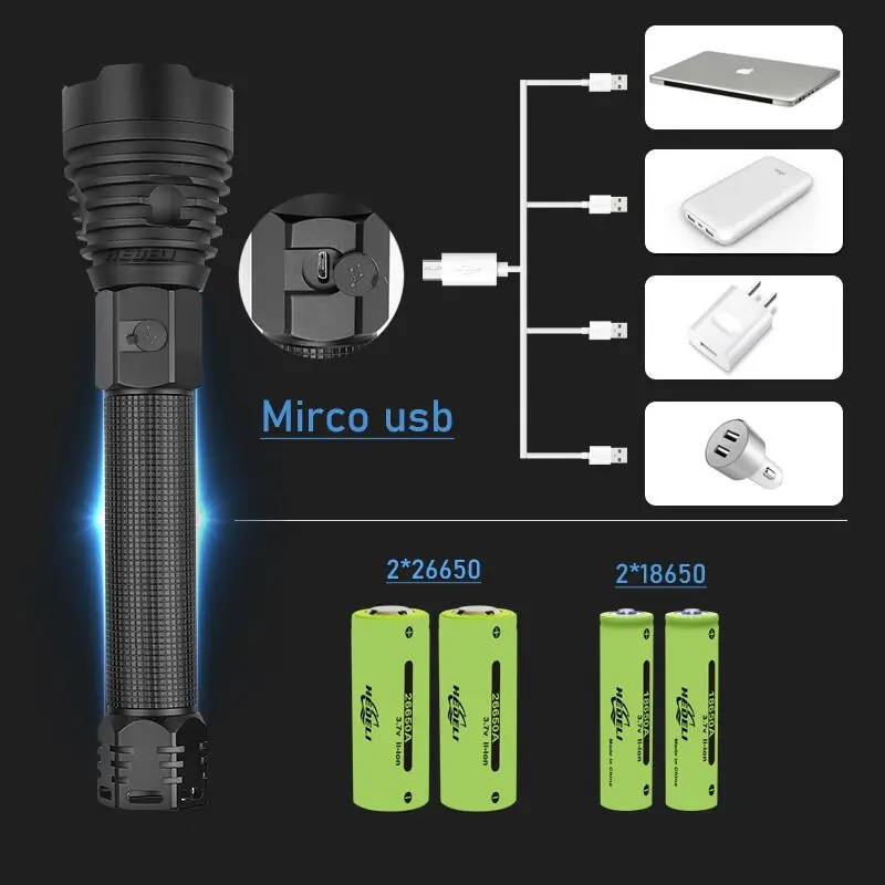 250000cd 1000m XHP90.2 most powerful led flashlight usb Zoom Tactical torch xhp50 18650 or 26650 Rechargeable battery hand light