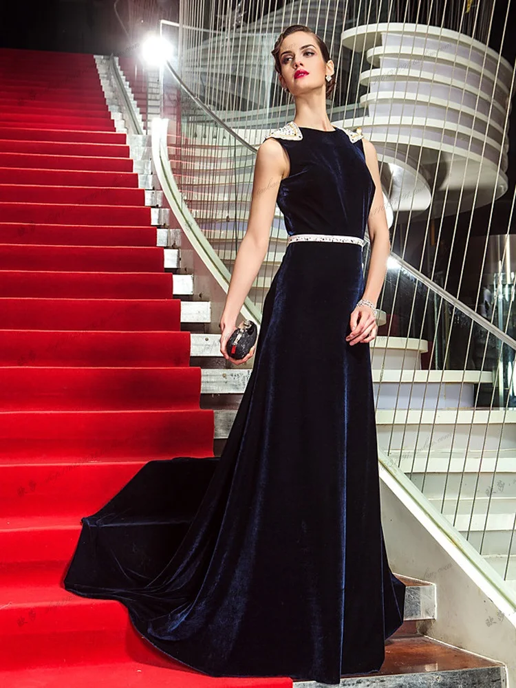 Robe de soirée longue et courte sans manches, Sexy, avec perles, en velours bleu marine, pour mère de la mariée