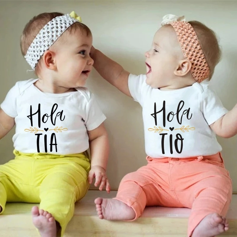 Hola Tio Tia Pregnancy Announcement Baby Bodysuits Jumpsuit Infant Clothing Casual Overalls Pregnancy Gift for New Aunt Uncle