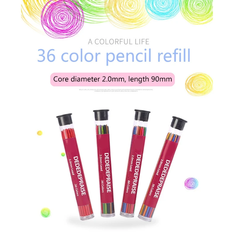 OOTDTY 36 Colors 2.0mm Mechanical Pencils Writing Drawing Pencils Refill Leads Stationery School Office Supply