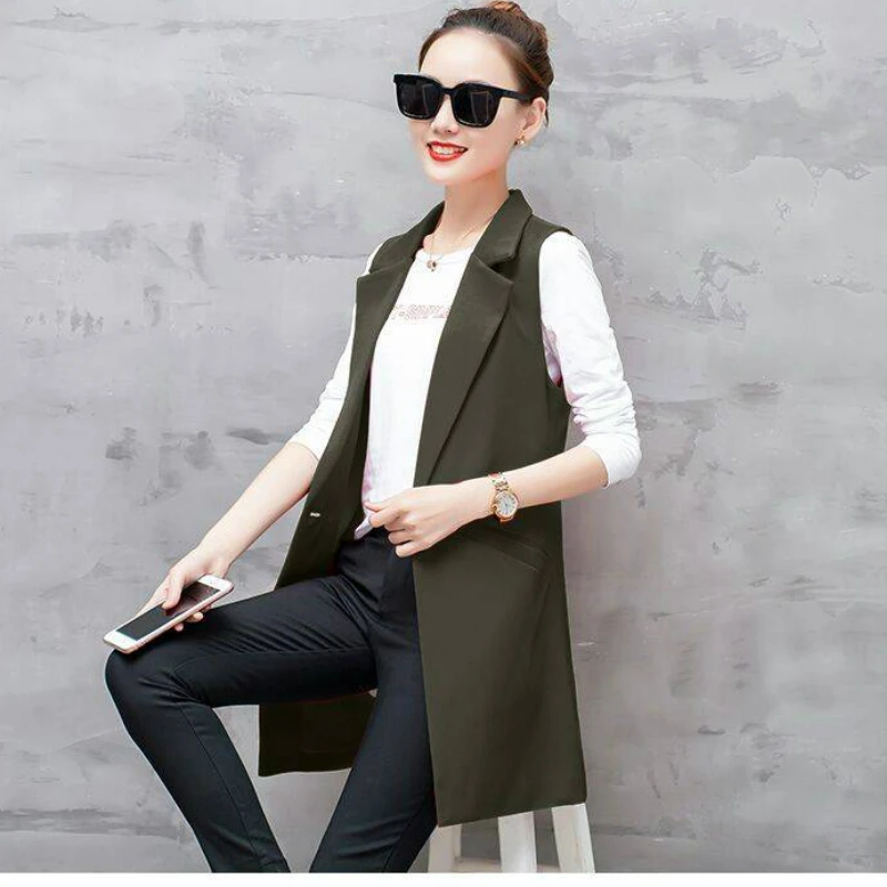 4 Colors Women Long Blazer Vest  Plus Size Sleeveless Jacket