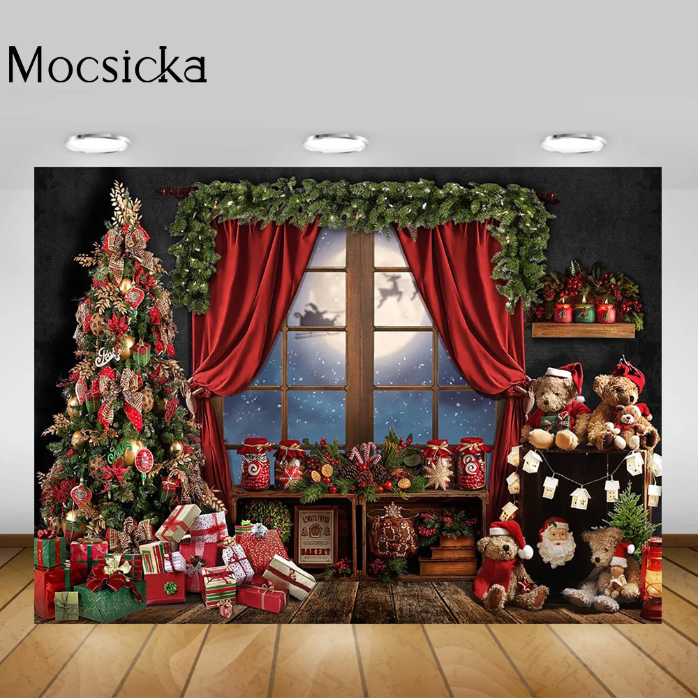 Christmas Bears Gifts Room Backdrop Red Curtain Winter Window Wonderland Big Moon Background Birthday Portrait Photography Props