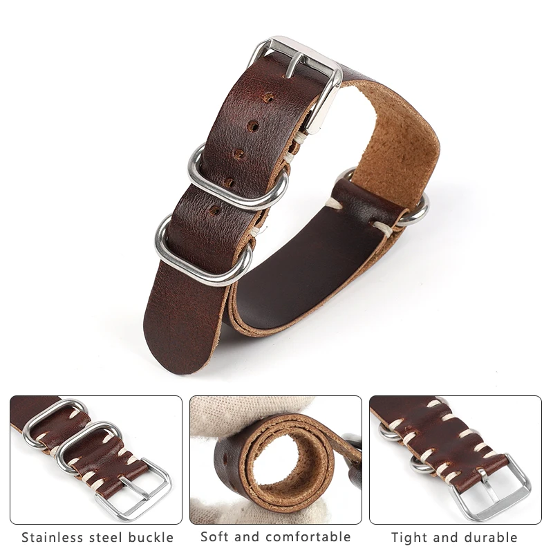 Genuine Leather Strap Watchband 20mm 22mm Cowhide Handmade Stitched Wristband Bracelet Steel Ring Buckle Watches Replacement