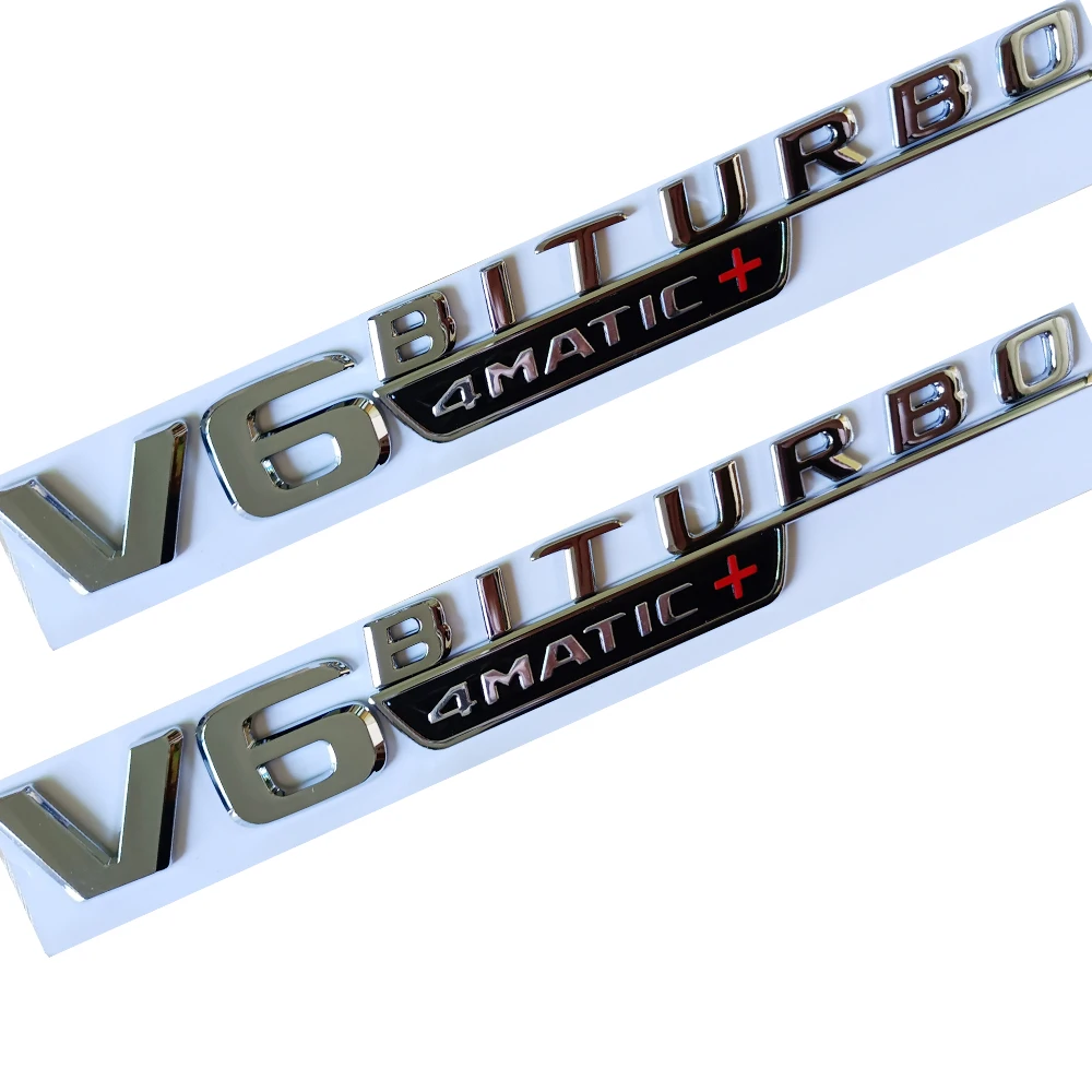 2PCS Emblem for V6 BITURBO_4matic+ Car Styling Fender Badge Double Turbo Sticker Chrome Glossy Black