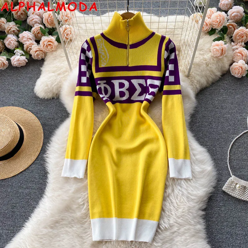 

ALPHALMODA 2021 Autumn Women's Fashion Letter Sweater Dress Contrast Color Stand Collar Ladies Casual Sporty Dress