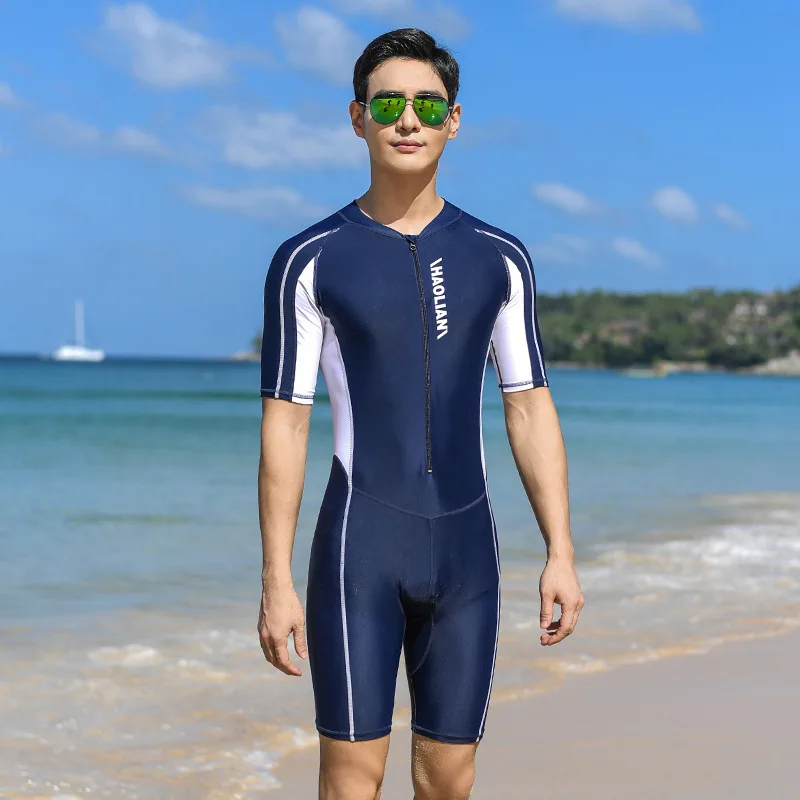 Plus Size Short Sleeve Rash Guard Men Front Zipper Wetsuit Swimming Snorkeling Surfing Swimsuit Free Diving Body Suits Swimwear