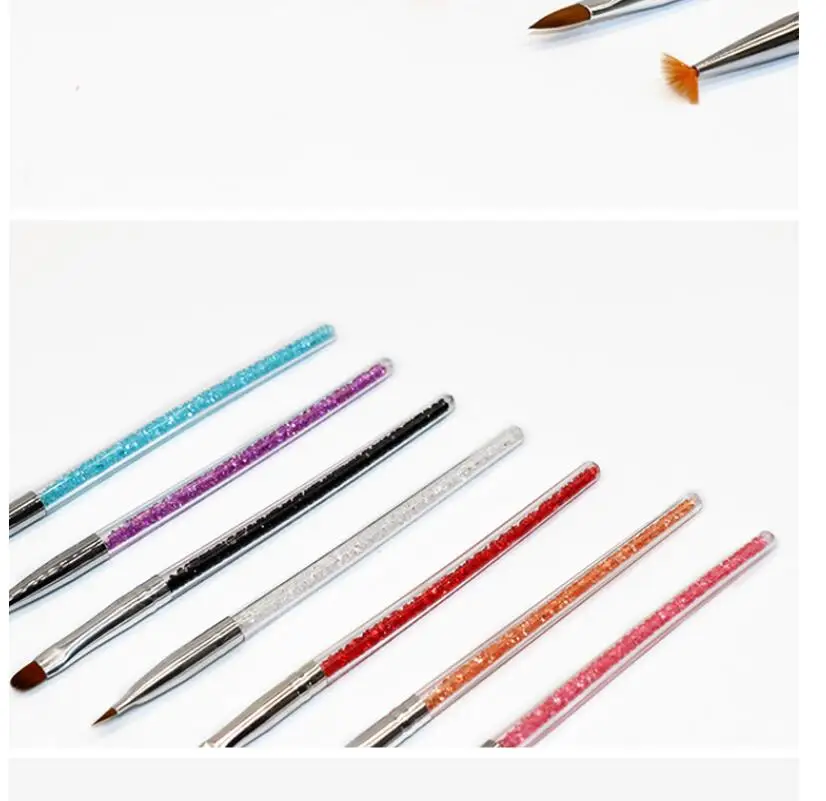 7 stks/set Nail Art Brush Set UV Gel Nagelschilderborstels met Strass Handvat Nail Liner Brush Tekening Pen Nagelborstel T0710