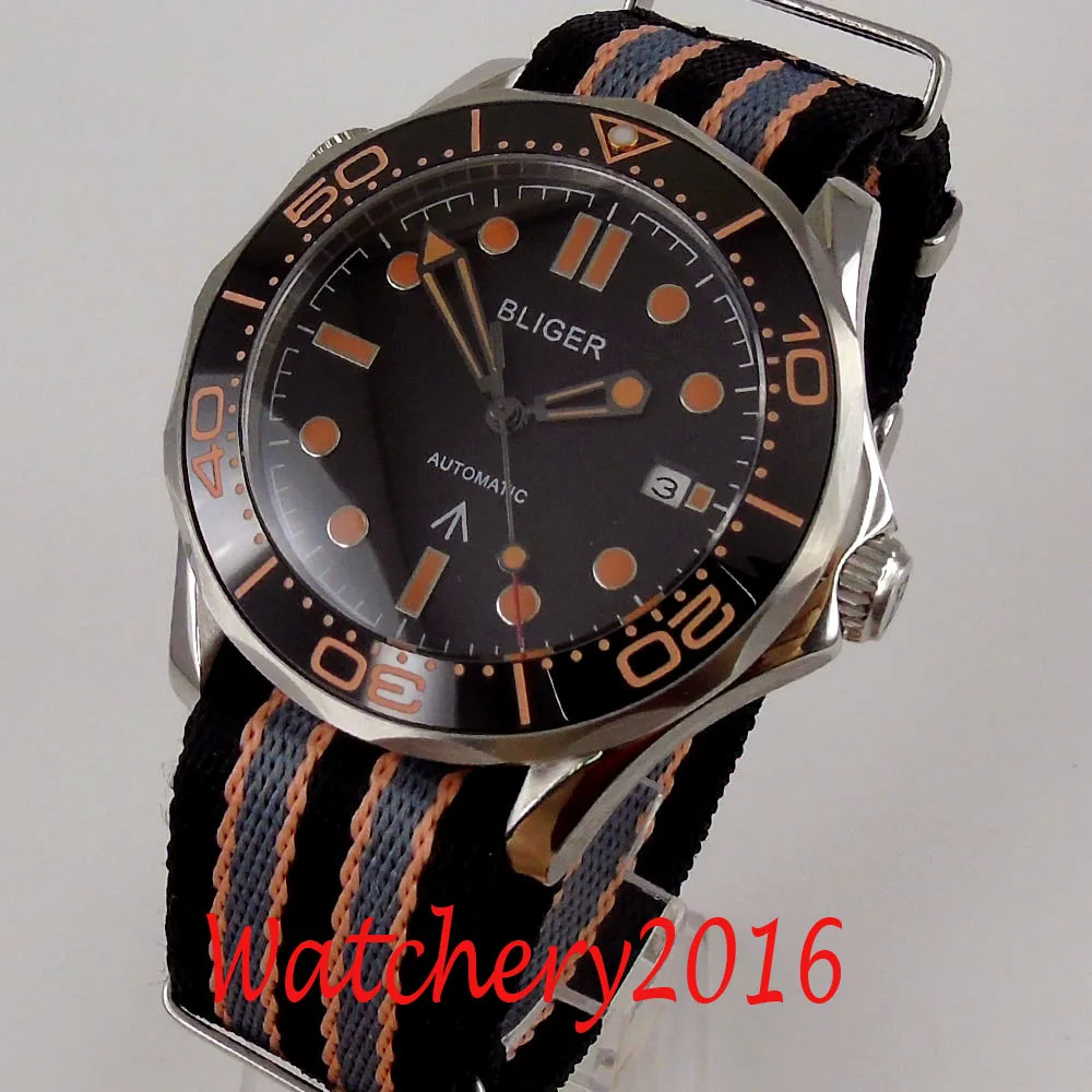 

New 41mm Bliger Black dial Nylon Rotating Bezel Steel Case Calendar movement Automatic Mechanical men's Wristwatches