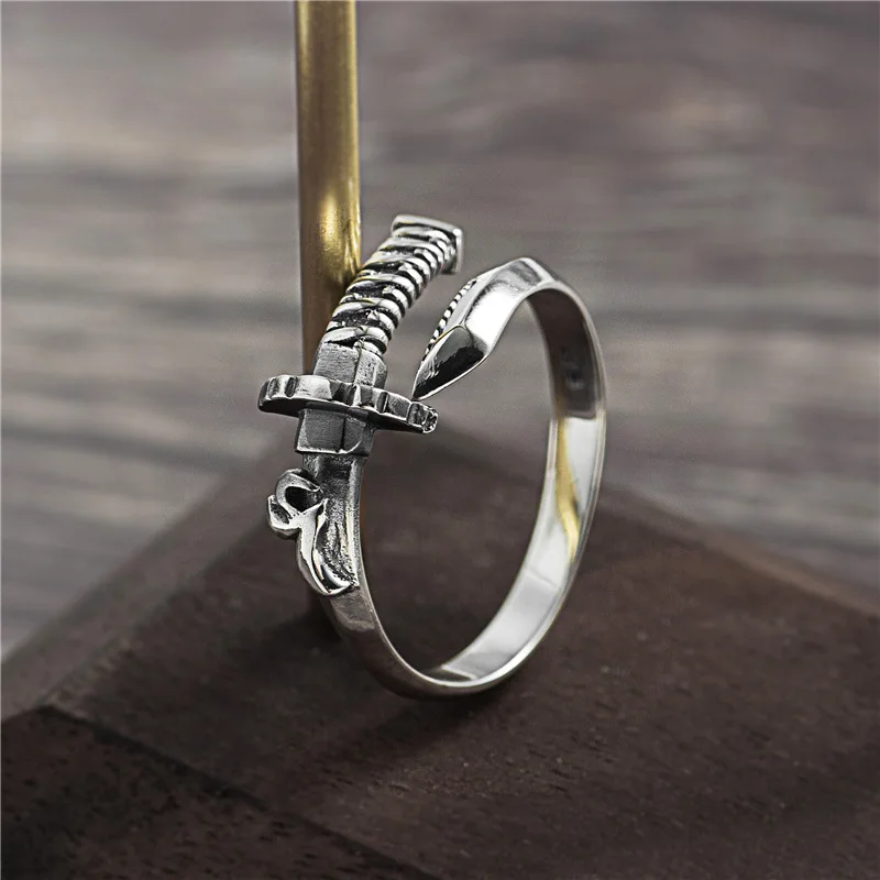 Vintage Samurai Sword Ring Design S925 Sterling Silver Personality Open Resizable Ring Retro Old Original Wholesale Lots Bulk