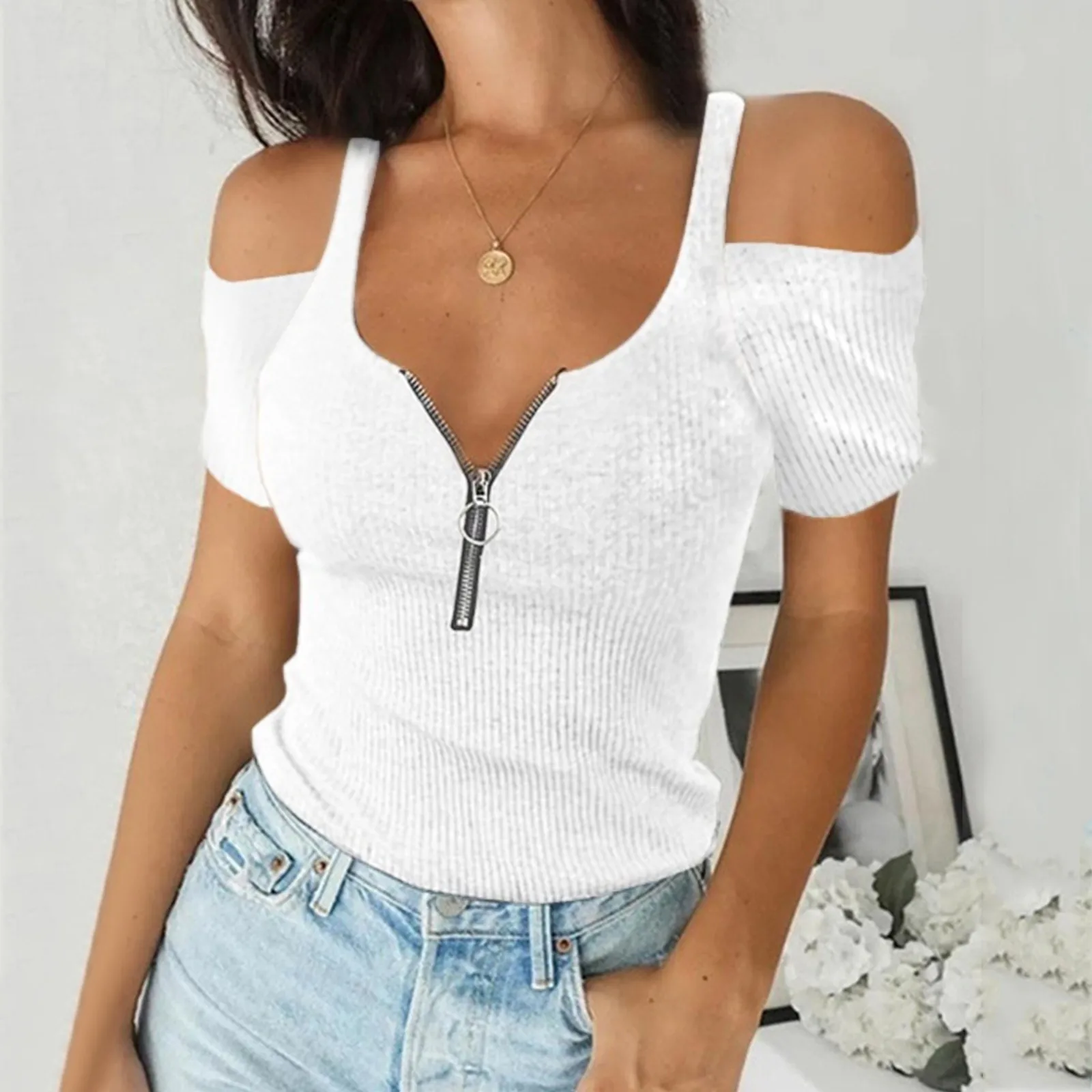 Blusa Sexy con cuello en V para mujer, camisa con cremallera, Tops informales para mujer, Tops de Color sólido para mujer, blusa con hombros descubiertos