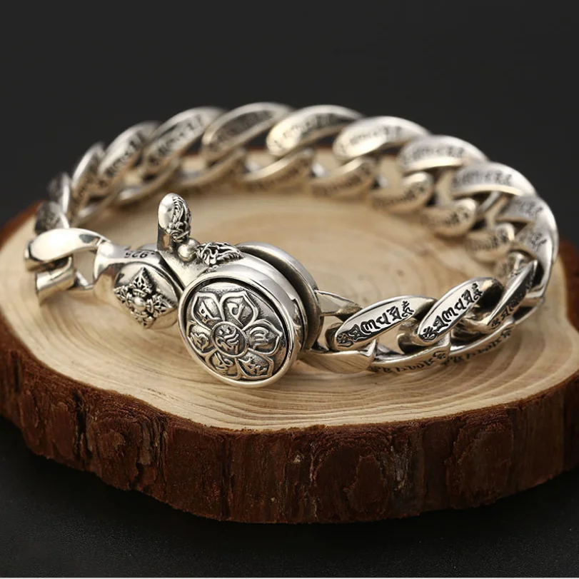 Unibabe S925 sterling silver big vintage trend wild vajra bracelet men Thai silver six-character mantra bracelet male jewelry