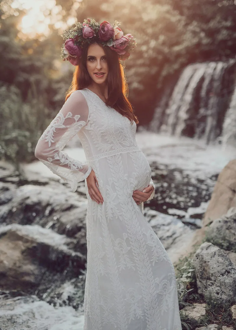 

Pregnant women round collar dress lace maternity dress wedding dress photography props maternity clothing pictures