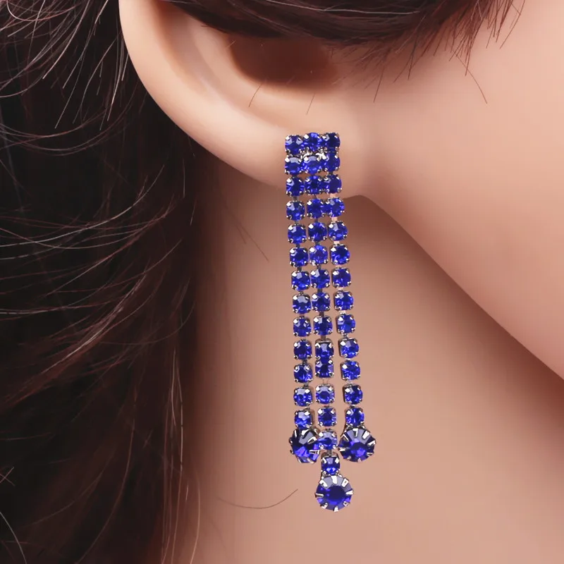 Blue Rhinestone Double Tassel Long Earrings Drop Earring Quality Crystal Earrings For Women Luxury Jewelry Long Dangle Earring