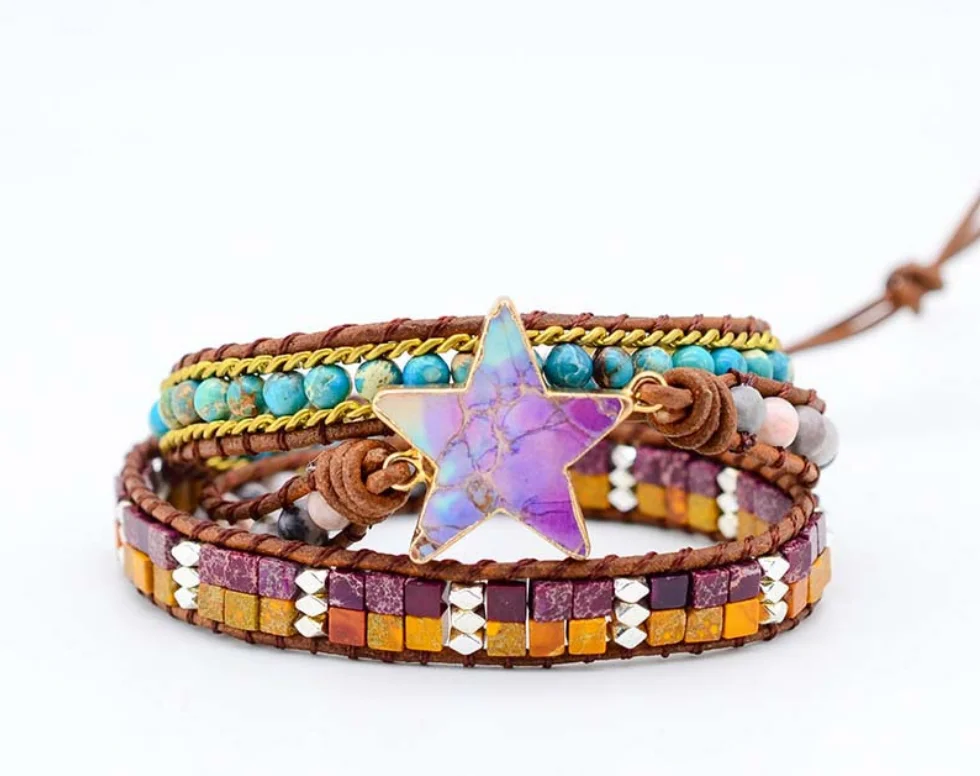 Fashion Star Leather Wrap Bracelets W/ Nautural Stone Multilayers Statement Bracelet Teengirl Women Jewelry