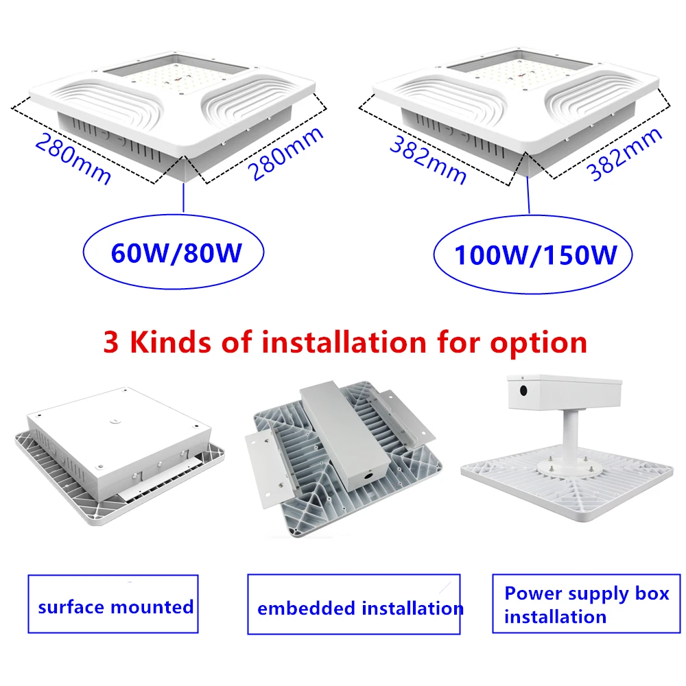 กันน้ำ Canopy 60w80w100w150w หลังบ้านโรงรถ Gas Station โคมไฟพื้นผิวโคมดาวน์ไลท์ติดตั้ง Commercial โคมไฟติดเพดาน