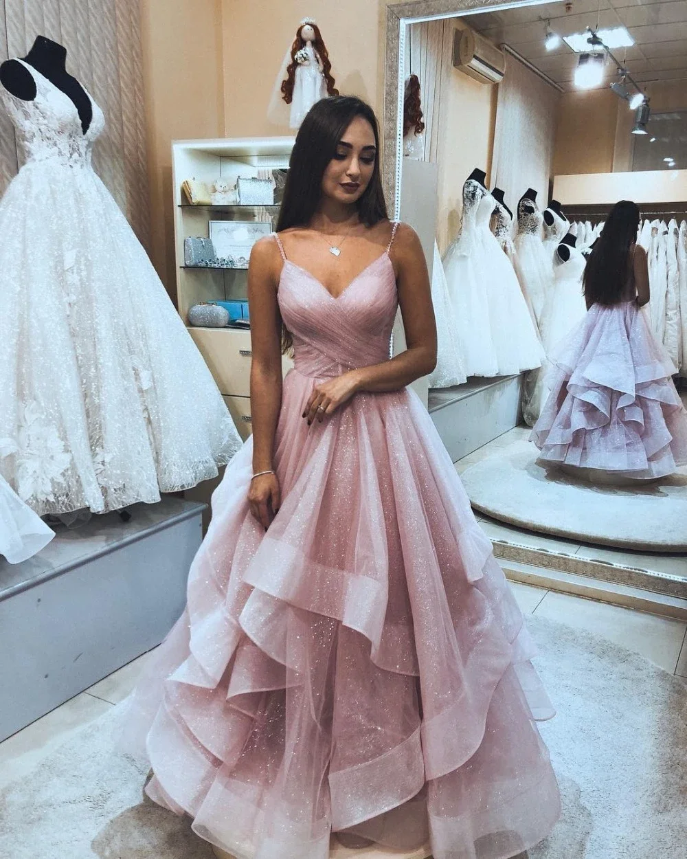 

Pink Long Prom Dresses 2022 Plus Size For Women Shinning Ruffles Sexy Evening Dress Party Elegant Robe De Soiree платье