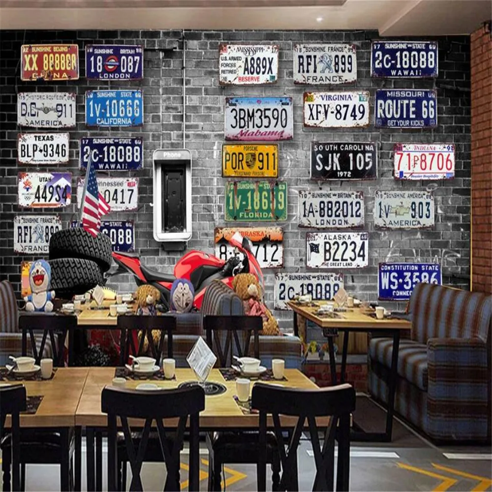 milofi custom wallpaper mural Europe and America nostalgic retro brick wall license plate motorcycle background wall