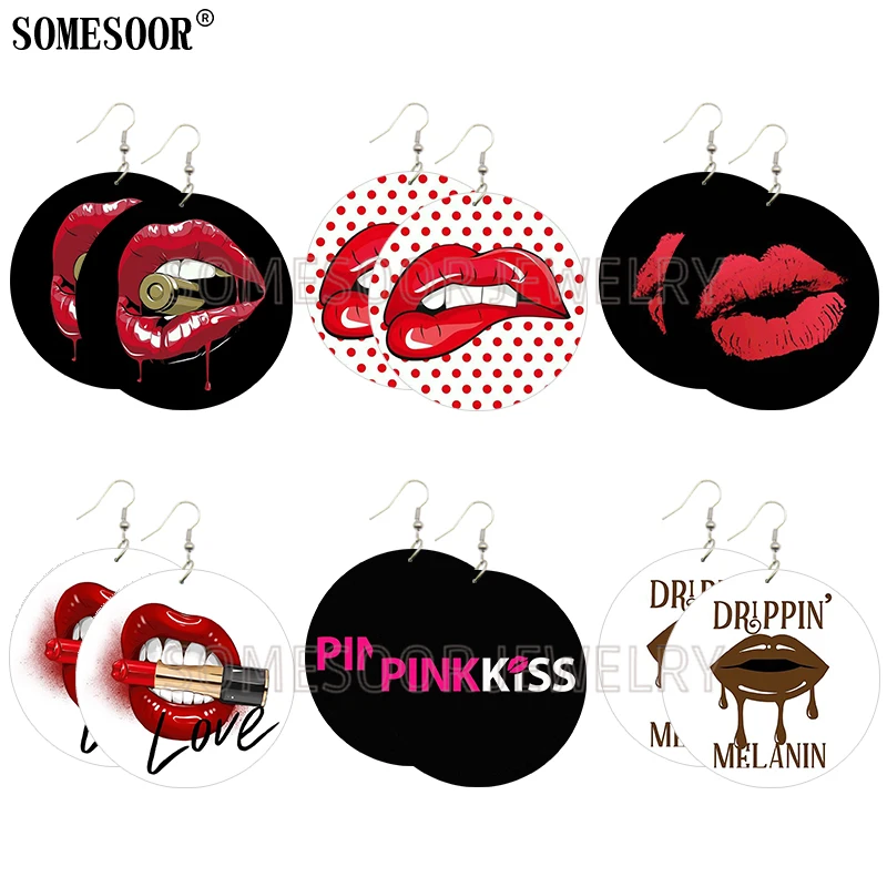 SOMESOOR Mixed 6 Package Wholesale Pink Kiss Sexy Lips Both Sides Printing Wooden Dangle Cute Lovely Fashion Earrings For Women