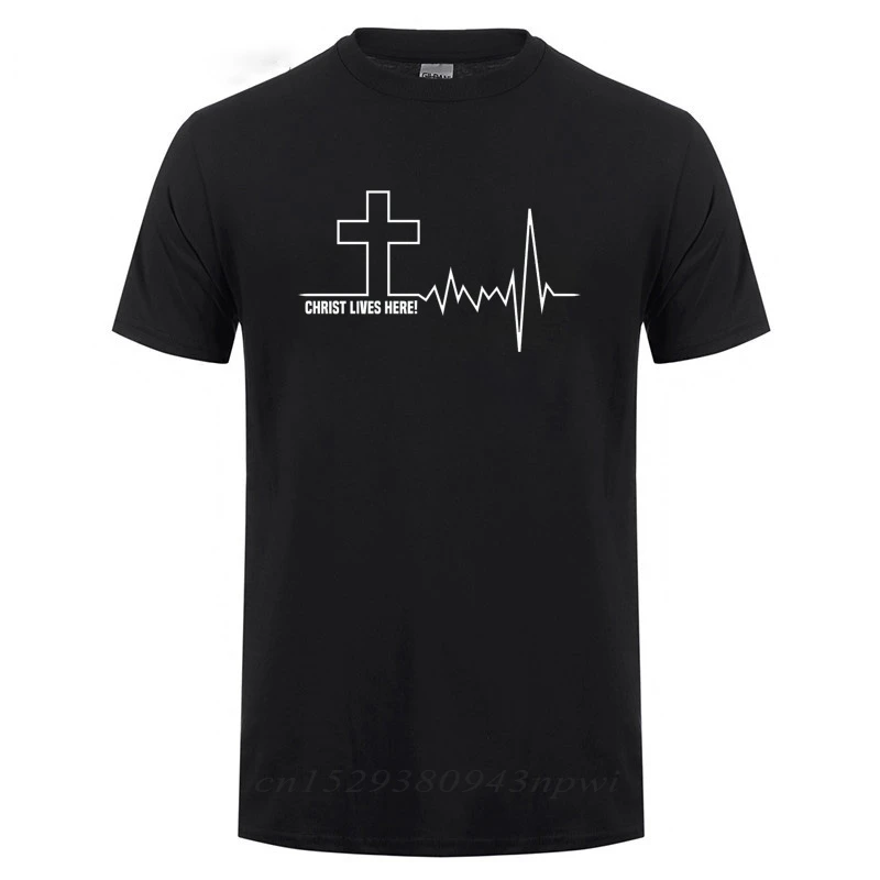 Christ Lives Here Cross Heartbeat Christian Jesus Faith Inspirational T Shirt T-Shirt For Men Male Short Sleeve Cotton Tshirt