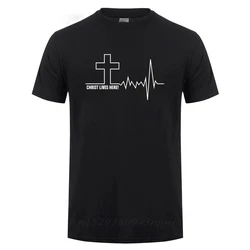 Christ Lives Here Cross Heartbeat Christian Jesus Faith Inspirational T Shirt T-Shirt For Men Male Short Sleeve Cotton Tshirt