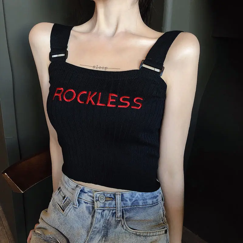 

2020 Summer Knitted Sexy Tube Top Pub Stretchy Letter Embroidery Strap Tank Tops Cropped Feminino Ladies Shirt Vest Camisole