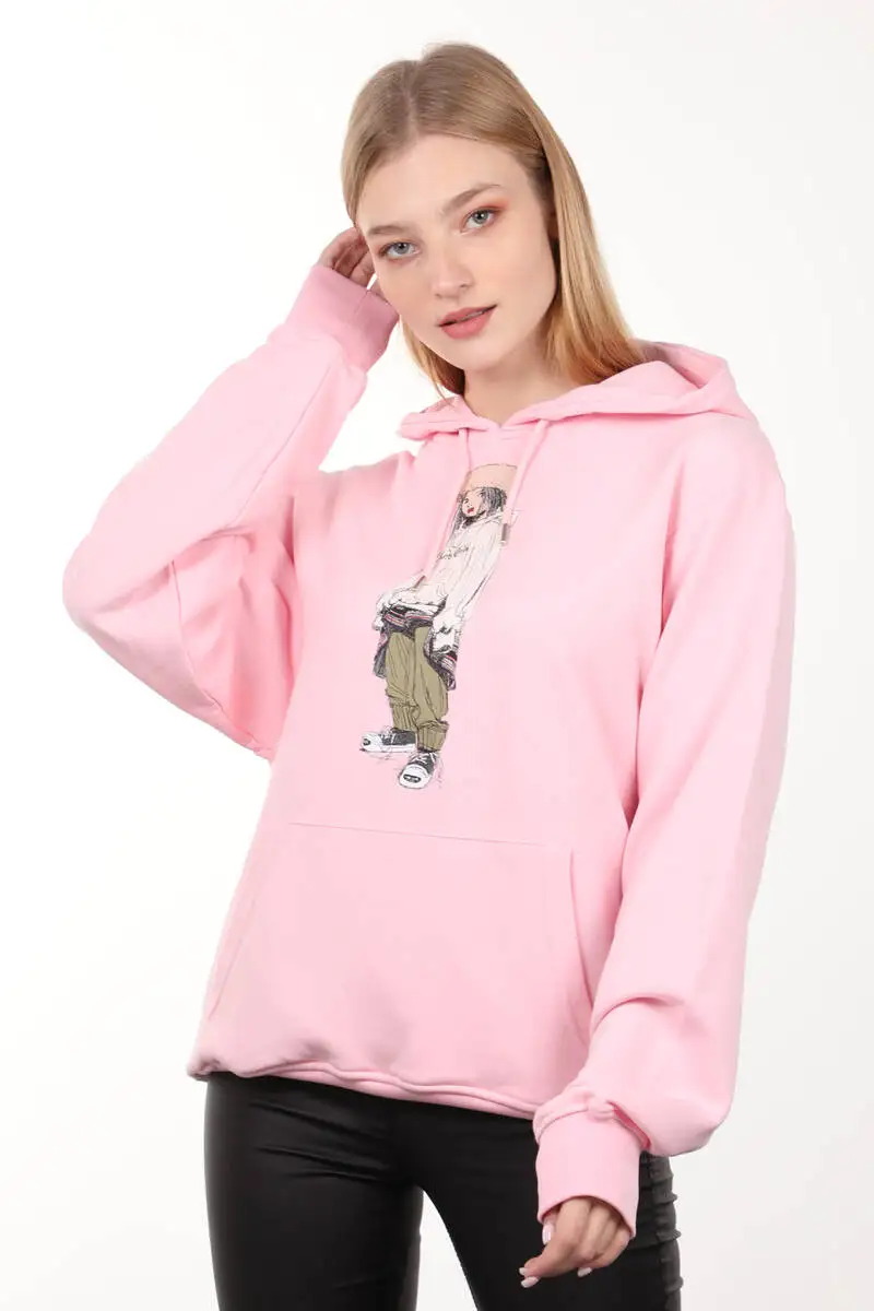 Pink Printed Hooded Oversize Women Sweatshirts