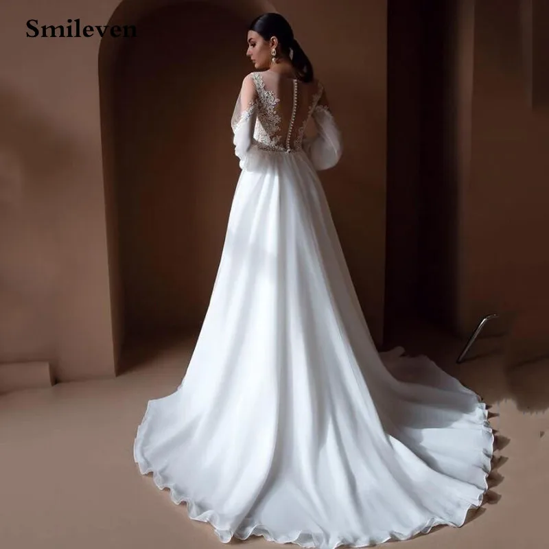 Gaun Pengantin Renda Bohemian Smilgaya A Line Puff Gaun Pengantin Sifon Lengan Panjang Kancing Belakang Vestido De Noiva 2021