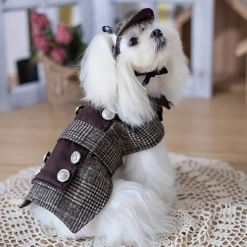 Handmade Winter Dog Clothes Trench Coat Pet Jacket Double-Breasted Suit Hat Cool Handsome Detective Style Costume Parkas Autumn