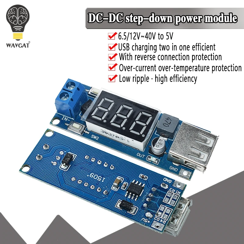 DC-DC Step Down Module Two-wire Voltmeter 5 V USB Charger or Power Supply Input 4.5V-40V Output 5V/2A