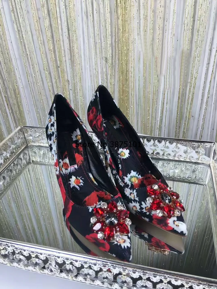 New Arrival Printed Stiletto Heel Dress Shoes Sexy Women Pointy Slip-on High Heels Pretty Crystal Flower Stick Shallow Pump