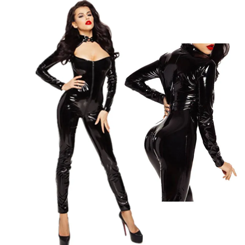 

Black Wetlook Faux Leather Open Crotch Pvc Jumpsuits with Zipper Sexy Lingerie Latex Catsuit Fetish Wear Sexy Costumes