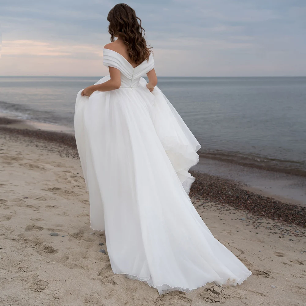 Abito da sposa da spiaggia semplice incrociato con spalle scoperte su misura Plus Size avorio Backless increspato Organza semplici abiti da sposa lunghi