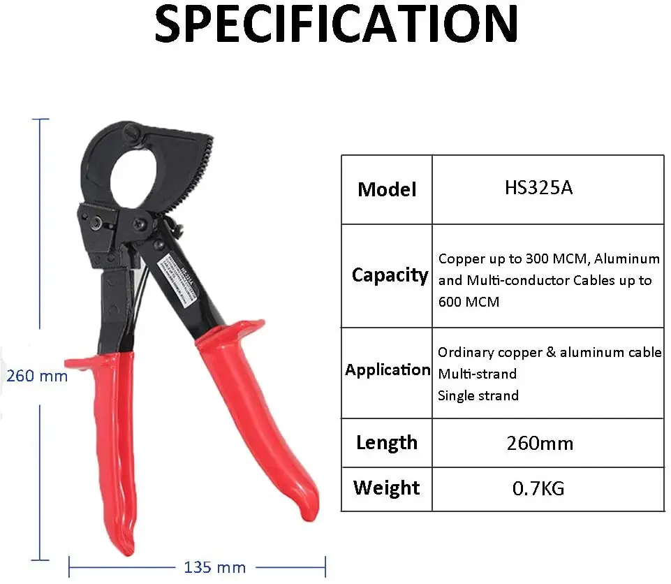 HS-325A 240mm2 Ratcheting Ratchet Cable Cutter Germany Design Wire Cutter Wire Cutter Necessary Household Practical Tool