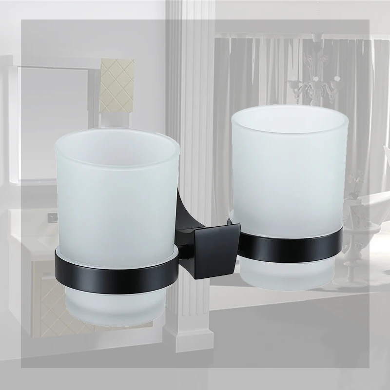 Luxury Gold Double Tumbler Holder Cup & Tumbler Holders Black Chrome Toothbrush Holder Screw Wall Mounted Bathroom Accessories