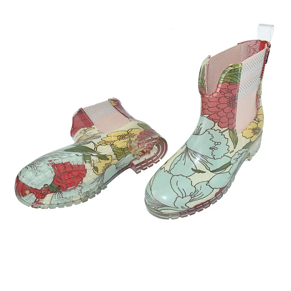 Women Elastic Band Rain Boots Spring Autumn New Fashion Non-slip Flower Print Water Boots Female Ankle Rainboots